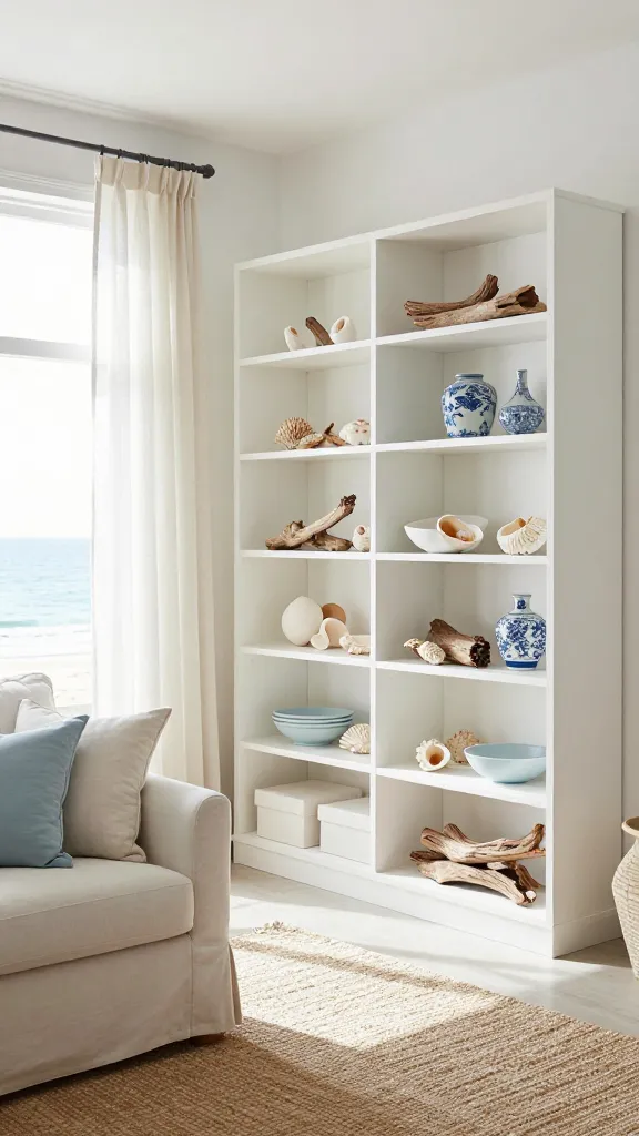 A high-quality, realistic photograph capturing a serene coastal-inspired living room. The focal point is a pristine white IKEA BILLY bookcase system, spanning a wall and meticulously styled. Its shelves display an artful arrangement of natural seashells, weathered driftwood pieces, and elegant blue-and-white ceramic vases and bowls. Abundant natural light floods the room through large windows, softly filtered by sheer, light linen curtains that subtly sway, enhancing the breezy atmosphere. A textured natural jute rug grounds the seating area, featuring a plush, light-colored sofa with complementary throw pillows. The walls are painted a crisp white, creating an airy and bright ambiance, with subtle accents of light blue and sandy beige woven throughout the decor. The overall scene exudes tranquility, sophistication, and the peaceful feeling of a high-end beach house oasis. No text on image.
