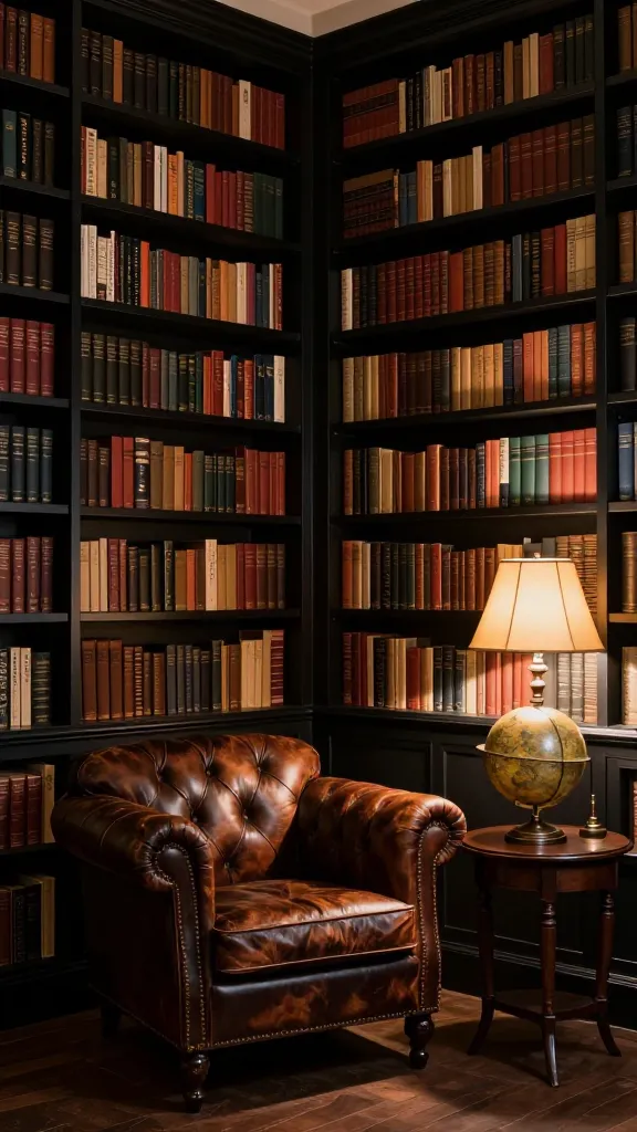 A high-quality, realistic photograph of a cozy Dark Academia library nook. The main feature is a wall-to-wall display of IKEA BILLY bookcases in a black-brown finish, completely overflowing with diverse classic literature and academic books. An inviting, aged leather armchair (Chesterfield style) is positioned in front of the bookcases. Next to the armchair, a small dark wood side table holds a vintage brass globe and a table lamp casting a warm, atmospheric glow. The scene is rich with deep wood tones, sophisticated textures, and subtle shadows, creating a timeless and intellectual sanctuary. No text.
