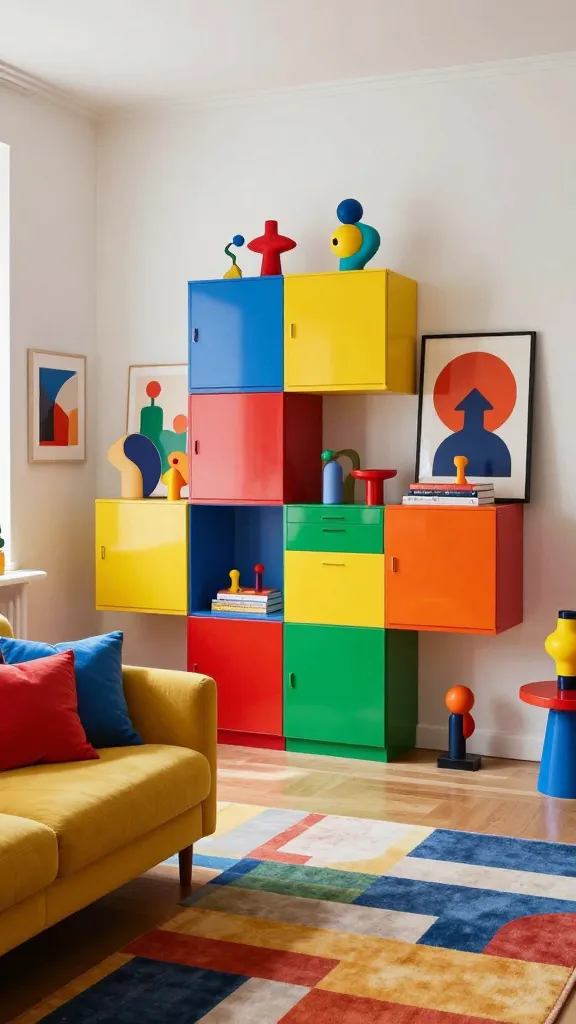 A realistic, high-quality photo capturing a vibrant and energetic modern living room with a playful pop art aesthetic. The central feature is a wall showcasing a dynamic, staggered arrangement of colorful IKEA EKET storage cabinets, mixing primary reds, bright blues, sunny yellows, vivid greens, and energetic oranges. Bold, graphic pop art prints adorn the wall and are artfully leaned against some of the EKET units. Quirky, colorful accessories like abstract sculptures, retro figurines, and design books are meticulously styled on and within the cabinets. A contemporary sofa in a complementary bold color, adorned with vibrant throw pillows, provides seating. The room is bathed in bright, natural light, emphasizing a geometric rug in a multi-hued palette. The scene exudes joy and artistic expression, with sharp focus and intricate detail.