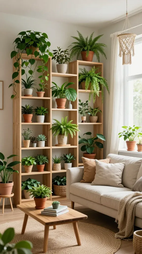 A high-quality, realistic photograph of a bright and airy urban jungle living room. The focal point is a series of open IKEA IVAR shelving units, crafted from light-stained wood, artfully arranged against a light-colored wall. These shelves are brimming with a diverse collection of flourishing potted plants, including trailing Pothos, lush ferns, vibrant Monstera, and delicate succulents, displayed at various heights in terracotta pots, ceramic planters, and woven baskets. Adjacent to the IVAR units, a comfortable, light-beige linen sofa is adorned with natural-toned throw pillows. In front of the sofa, a simple, rustic wooden coffee table holds a few small potted plants and a stack of design books. A large, round jute rug grounds the seating area. Numerous additional plants are strategically placed throughout the room on minimalist wooden plant stands, hanging from the ceiling in macrame hangers, and occupying corners, creating a dense, vibrant green sanctuary. Sunlight streams in through a large window, illuminating the space and highlighting the natural textures of the wood, leaves, and textiles. The overall aesthetic is serene, natural, and inviting, with a strong emphasis on integrating abundant greenery seamlessly with functional and beautiful storage.
