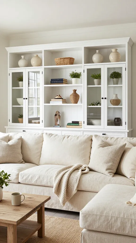 A beautifully styled modern farmhouse living room, bathed in soft, inviting natural light, showcasing a prominent wall-mounted storage solution. The centerpiece is a meticulously arranged unit featuring multiple Ikea HAVSTA glass-door cabinets (in a clean white finish) seamlessly integrated with open shelving sections. The glass-door compartments display a curated collection of ceramic vases, a few classic hardback books, and small potted herbs, while the open shelves hold decorative woven baskets, a stack of art books, and a rustic distressed wood sculpture. The wall behind the storage unit features subtle white shiplap paneling, adding to the farmhouse aesthetic. In the foreground, a large, comfortable sectional sofa upholstered in a soft, textured cream linen is adorned with chunky knit throws and neutral-toned linen pillows. A distressed light wood coffee table sits on a natural jute rug, holding a simple ceramic mug and a small plant. The overall atmosphere is incredibly cozy, welcoming, and family-friendly, perfectly blending rustic charm with clean, modern lines. High-quality, realistic photograph, no text.