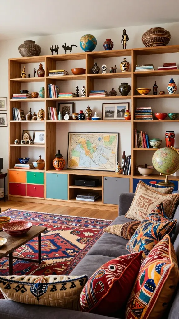 A high-quality, realistic photo of an eclectic global explorer's den, serving as a cozy living room. The main wall features a thoughtfully integrated storage system composed of IKEA KALLAX cube units (some with colorful drawer inserts, some open), sleek IKEA BESTÅ cabinets (acting as a media console or lower storage), and natural pine IKEA IVAR shelving units. These units are artfully filled with a diverse, curated collection of souvenirs, travel books, and unique artifacts from different corners of the globe, including small statues, intricate pottery, framed travel photography, vintage maps, and various art pieces. In the foreground, a comfortable, deep-seated sofa is adorned with a generous array of richly patterned and textured throw pillows (velvet, embroidered, woven, global prints). The floor is layered with multiple patterned rugs, such as a large Moroccan Beni Ourain rug partially overlaid with a colorful Kilim or Persian rug. Unique global artifacts like a vintage globe, tribal masks, or a collection of vibrant ceramic bowls are proudly displayed on surfaces and within the shelving. The room is bathed in warm, inviting natural light, showcasing a rich mix of textures, colors, and cultural influences, reflecting a well-traveled and adventurous personality. No text.