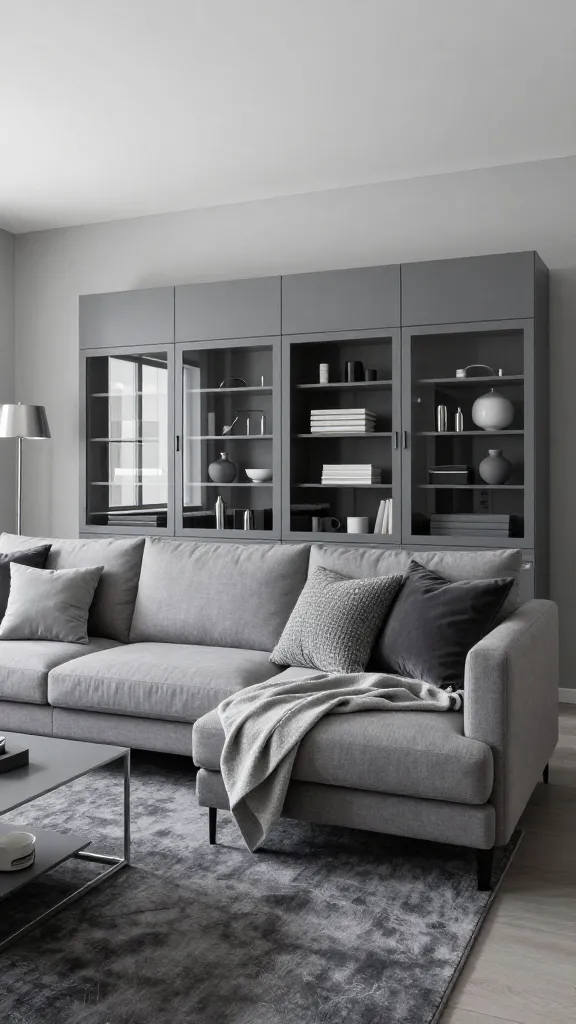 A high-resolution, professional architectural photograph showcasing a sophisticated, monochromatic living room designed in serene greys. The focal point is a sleek, floor-to-ceiling wall of grey IKEA BESTÅ storage units, some featuring clear glass doors revealing neatly arranged minimalist grey and white decorative items. A comfortable, medium grey fabric sectional sofa is positioned opposite, adorned with layered throw pillows in varying shades of grey, from light dove to deep charcoal, some with subtle knitted textures. A soft, light grey throw blanket drapes elegantly over the sofa arm. The seating area is anchored by a large, deeply textured charcoal grey area rug. Subtle metallic accents, such as a brushed silver floor lamp and a minimalist silver-framed coffee table, add understated elegance. The walls are painted in a very light dove grey, and soft, diffused natural light streams into the room, creating a calming and inviting atmosphere.