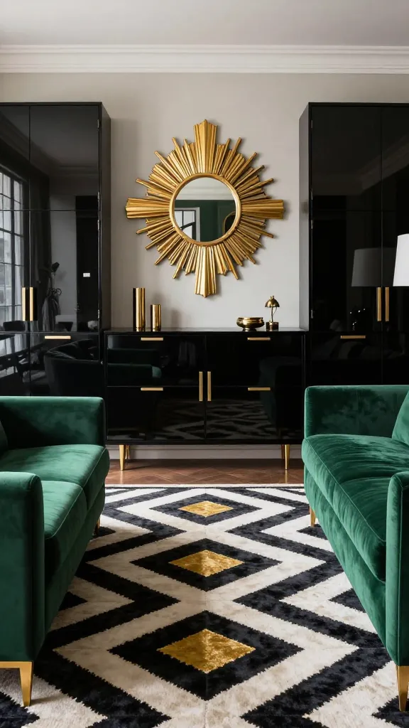 A luxurious Art Deco revival living room, exuding vintage Hollywood glamour with a modern twist. The main wall features a custom-look arrangement of high-gloss black IKEA BESTÅ storage cabinets, symmetrically designed with sleek brass handles. A large, ornate Art Deco sunburst mirror with a gold frame hangs prominently above the central BESTÅ unit. In the foreground, a plush emerald green velvet sofa with clean lines is positioned on a striking area rug displaying a bold, symmetrical geometric pattern in black, white, and gold. Polished brass accents are seen in the lamp bases and decorative objects on the cabinets. The room is dramatically lit, showcasing the refined textures and strong design statements. Realistic, high-quality interior photography with a sharp focus on the details.