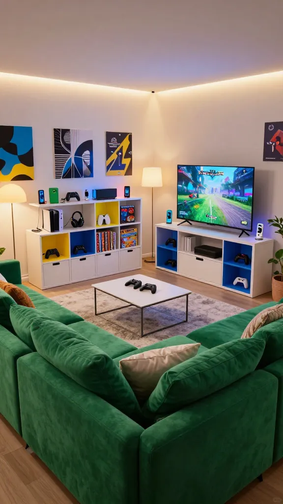 A high-quality, realistic photo of a vibrant and modern teen hangout hub, designed for ultimate comfort and tech integration. The focal point is a large, L-shaped IKEA VIMLE modular sofa in a bold emerald green, generously piled with cozy throw pillows and blankets, invitingly arranged around a low, contemporary coffee table. Against the main wall, a prominent configuration of white IKEA KALLAX units serves as the ultimate gaming storage, meticulously organizing multiple gaming consoles (PlayStation, Xbox, Nintendo Switch), controllers, headsets, and a diverse collection of board games. Several KALLAX cubes feature colorful inserts in bright yellow and deep blue, adding a playful and dynamic touch. Above the KALLAX units, a large flat-screen TV is mounted, displaying a dynamic video game scene. The room is softly lit with warm, ambient LED strip lighting and a stylish floor lamp, illuminating a large, plush area rug. Subtle tech integration includes visible charging stations for phones and controllers. The walls are adorned with cool, abstract art and gaming-inspired posters, and a few healthy plants add freshness to the space. The overall atmosphere is cool, functional, and designed for maximum enjoyment, captured with sharp focus and professional interior photography techniques.