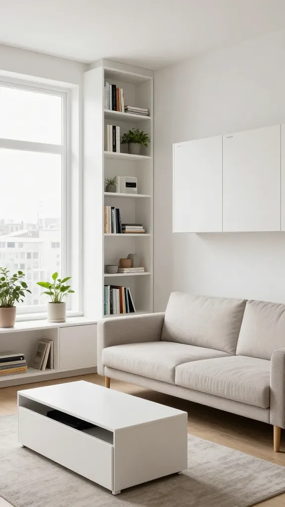 A high-quality, realistic photograph of a compact, modern city studio apartment, expertly designed for multi-functional living. The space features prominent IKEA living room storage solutions: a tall, white IKEA BILLY bookcase unit extends vertically along one wall, filled with books, minimalist decor, and potted plants. On an adjacent wall, sleek, wall-mounted IKEA BESTÅ cabinets provide additional discreet storage, freeing up floor space. A stylish, comfortable sofa bed, upholstered in a neutral tone, serves as the main seating and sleeping area, positioned opposite a modern coffee table with a lift-top revealing hidden storage. The studio is bathed in soft, natural light from a large window, creating an airy and expansive feel despite its small footprint. The overall aesthetic is clean, Scandinavian-inspired, and highly organized, showcasing smart design for urban tiny living. No text on image.