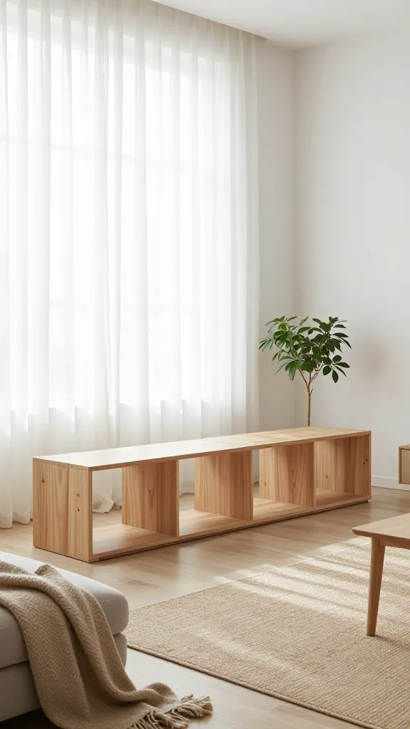 A high-quality, realistic photograph of a serene, minimalist living room bathed in soft, diffused natural light streaming through large windows draped with sheer white linen curtains. The centerpiece features a long, low-profile arrangement of Ikea BESTÅ storage units in a light wood finish, their surfaces impeccably clear and uncluttered. The color palette is dominated by soft whites on the walls, light wood tones, a subtle muted green in a few organic accents like a small, healthy houseplant, and sandy beiges in a textured throw blanket draped over a simple, low-slung sofa or floor cushions. Natural materials like light wood flooring and a woven rug in a sandy beige hue enhance the calming environment. The overall ambiance is one of ultimate peace, tranquility, and mindful relaxation. No text on image.