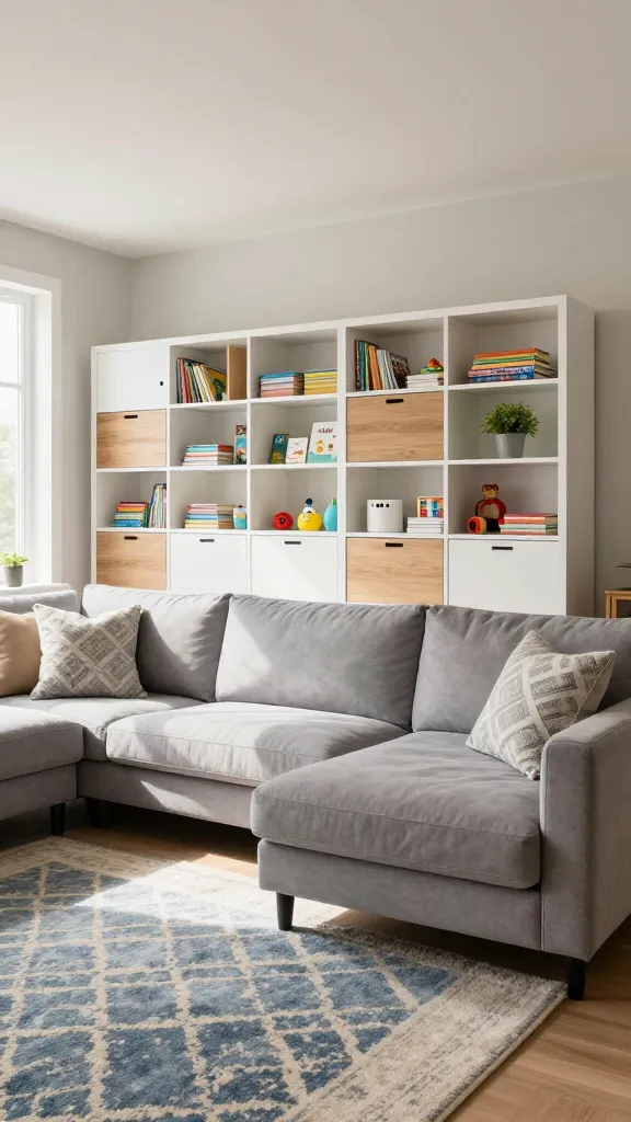A sun-drenched, inviting living room designed for a modern family. The focal point is a horizontally configured, robust IKEA KALLAX storage unit in white, spanning a significant portion of one wall. It features a smart mix of light wood drawer inserts and solid white door inserts, neatly concealing toys, board games, and art supplies, with a few colorful children's books and a decorative plant visible in open cubbies. In front of the KALLAX, a large, comfortable sectional sofa upholstered in a durable, stain-resistant light grey fabric, adorned with a couple of washable, subtly patterned throw pillows. A soft, low-pile, washable area rug in a muted blue and cream geometric design covers the floor. Natural light streams in from a large window, illuminating the space which feels lived-in yet impeccably organized and easy to maintain. The overall aesthetic is warm, functional, and stylish, built to withstand the beautiful chaos of family life. High-resolution, professional interior photography style.