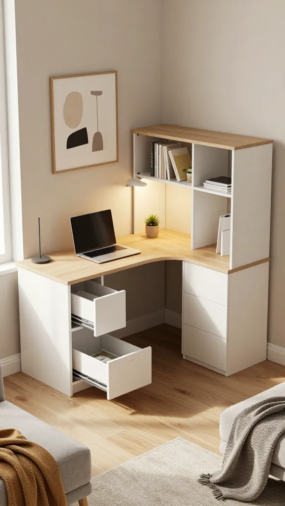 A high-angle, realistic, high-quality photograph of a beautifully integrated home office nook within a modern, inviting living room. The focal point is a cohesive workspace created using a combination of IKEA BESTÅ units. A low, horizontal BESTÅ storage cabinet with sleek white doors and a light wood top extends seamlessly to form a minimalist L-shaped desk surface. Adjacent to this, a taller, narrow BESTÅ unit with open shelves and closed drawers in a matching finish provides additional storage, blending perfectly with the desk. On the desk, a slim, modern laptop, a small, elegant desk lamp, and a potted succulent are neatly arranged. One of the BESTÅ drawers beneath the desk is slightly ajar, subtly revealing file inserts within. No visible cables or clutter are present, showcasing clever cable management. The surrounding living room elements, such as a soft throw blanket draped over a neutral-toned armchair and a piece of abstract art on the wall above the desk, contribute to a relaxed, non-corporate ambiance. Natural light streams in from a nearby window, illuminating the space with a warm glow, highlighting the tidy, functional, and aesthetically pleasing design that blurs the lines between work and relaxation.