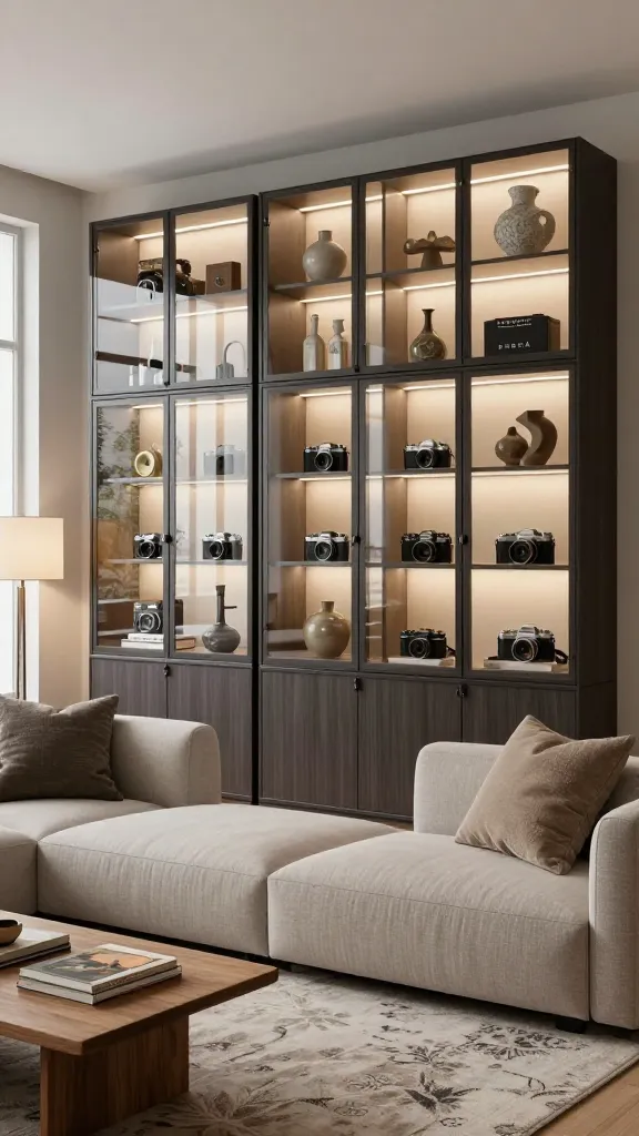 A sophisticated, modern living room featuring a prominent collector's display gallery. The main focus is a wall-spanning arrangement of dark-framed IKEA BESTÅ glass-door cabinets, some floor-standing and some wall-mounted, creating a dynamic, custom look. Integrated LED strip lighting within each cabinet brilliantly spotlights a diverse yet artfully curated collection of vintage cameras, sculptural ceramics, and unique artifacts, arranged thoughtfully with varying heights and depths to create visual interest. A comfortable, neutral-toned modular sofa with textured throw pillows sits opposite, grounded by a soft, patterned area rug. A minimalist wooden coffee table holds a few design books. Soft ambient light from a stylish floor lamp and natural light from a large window illuminate the inviting space, emphasizing the high-quality textures and the personal story told by the cherished objects. High-resolution, realistic photo, no text.