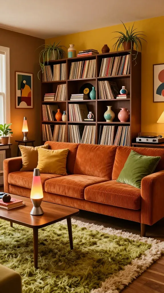 A vibrant, cozy, and nostalgic 1970s-inspired living room, bathed in warm, inviting ambient light. The focal point is a prominent arrangement of deep brown IKEA KALLAX shelving units, artfully filled with a vast collection of colorful vinyl records, interspersed with vintage decorative objects like ceramic vases and books. A plush, low-slung sectional sofa in burnt orange corduroy dominates the center, adorned with mustard yellow and avocado green throw pillows. Beneath the sofa, a thick, shaggy rug in a mix of avocado green and cream adds texture and warmth. On a mid-century modern coffee table, a classic lava lamp glows softly, casting a warm, psychedelic hue. Another lava lamp sits on a small, dark wood side table next to a vintage record player. The walls are a warm, deep brown or mustard yellow, possibly adorned with abstract art prints from the era. Potted spider plants hang from the ceiling or sit on shelves, adding a touch of natural greenery. The room exudes a groovy, relaxed atmosphere, perfect for spinning records and chilling out. Ultra-realistic, high-resolution photograph with natural depth of field.