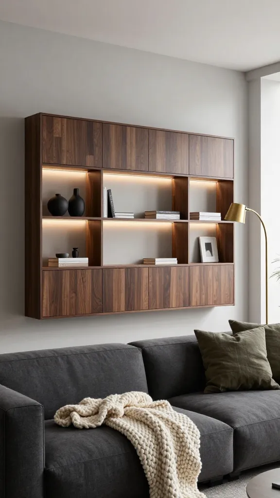 A realistic, high-quality photograph capturing a sophisticated Scandinavian chic living room interior. The central feature is a sleek, wall-mounted Ikea BESTÅ storage unit in a dark wood veneer, spanning a light grey wall, with a balanced combination of closed push-open doors and open shelves. Integrated warm LED strip lighting subtly illuminates a curated selection of minimalist decor on the open shelves, including a matte black ceramic vase and a few art books. A plush, deep charcoal grey sofa is positioned opposite, adorned with a luxurious, cream-colored chunky knit wool throw and two textured linen cushions in a muted olive green. A slender, brushed brass floor lamp arcs gracefully over the sofa, providing a subtle metallic accent. Soft, diffused natural light fills the room from a large window, casting gentle shadows and enhancing the rich textures of the materials. The overall aesthetic is clean, functional, and embodies understated luxury with an inviting warmth. No text on image.