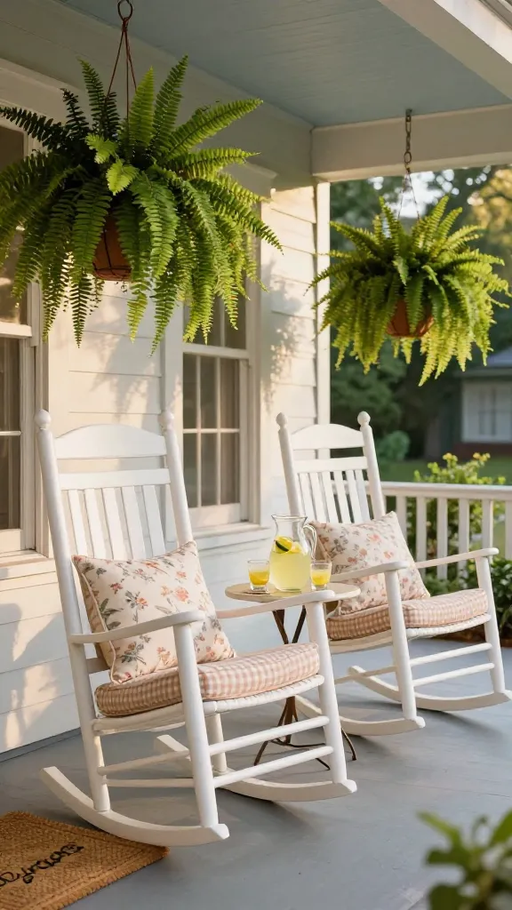 A high-quality, realistic photograph of a classic Southern spring front porch on a warm afternoon. The inviting porch features two pristine white wooden rocking chairs and a traditional white porch swing, both adorned with soft gingham cushions and delicate floral throw pillows. Lush, overflowing ferns spill from elegant hanging baskets suspended from the porch ceiling. A classic woven welcome mat rests at the entrance. On a small, round side table situated between the rocking chairs, a clear glass pitcher of fresh lemonade with sliced lemons and two matching glasses sits invitingly. The scene is bathed in soft, golden afternoon light, highlighting the timeless elegance and comfortable, genteel spirit of the space, evoking a feeling of warmth and welcome. No text.