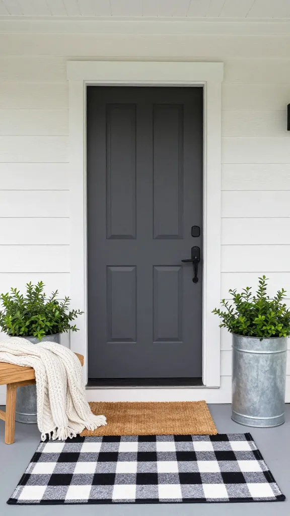 A high-resolution, realistic photograph capturing a modern farmhouse fresh front porch. The centerpiece is a sleek, dark charcoal gray front door, exuding contemporary elegance. Flanking the door are two minimalist galvanized metal planters brimming with simple, lush green foliage. A chunky, off-white knit throw blanket is artfully draped over a sturdy, light-toned wooden bench, inviting comfort. On the porch floor, a bold black and white buffalo check rug is stylishly layered beneath a natural coir doormat. The scene is bathed in soft, natural sunlight, creating a welcoming, curated, and effortlessly stylish aesthetic that marries rustic warmth with clean lines. No text.