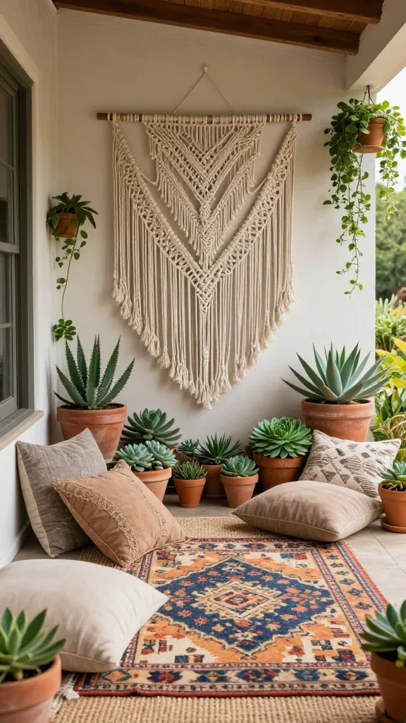 A beautifully styled front porch, bathed in warm, soft daylight, transformed into a bohemian oasis. A large, intricately woven macrame wall hanging is the striking focal point, gracefully draped against a light-toned exterior wall. The floor features layered outdoor rugs: a natural, textured jute rug as the base, topped with a vibrant, globally-inspired patterned rug in earthy tones. Scattered invitingly on these rugs are several plush, oversized floor pillows in varied textures and muted, natural colors, hinting at comfortable lounging. An abundance of varied succulents and lush trailing plants cascade from an assortment of terracotta pots, creating a rich, natural tapestry of greenery. The scene is a picture of relaxed, laid-back comfort, with layered textures and natural elements combining to create a wonderfully chill and inviting atmosphere, encouraging visitors to linger. High-resolution, professional photography, natural light, subtle depth of field, no text.