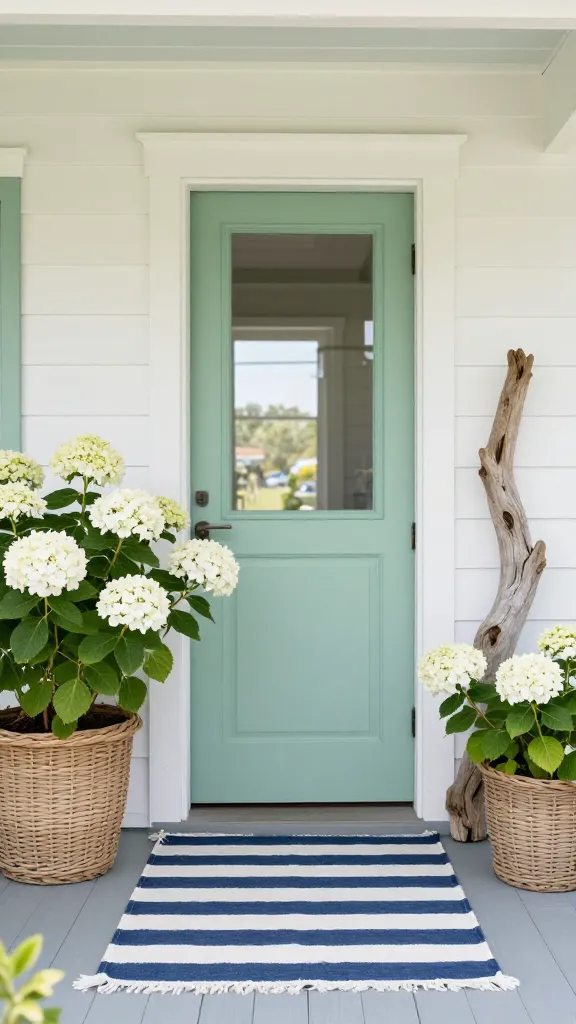 A high-quality, realistic photograph of a serene and inviting coastal front porch. The focal point is a soft seafoam green front door, slightly ajar, revealing a hint of a bright, airy interior. To the left of the door, a tall, natural woven planter overflows with lush white hydrangeas. To the right, a smaller, matching woven planter holds another vibrant white hydrangea. A weathered, sculptural driftwood accent piece leans artfully against the wall beside the planters, adding a touch of natural elegance. A crisp navy and white striped outdoor rug is neatly laid out in front of the door, providing a classic nautical touch. The porch is bathed in natural, bright light, highlighting the calming palette of soft greens, blues, whites, and natural wood tones. The overall scene evokes a breezy, tranquil beach house atmosphere, offering a refreshing and airy feel. No text.
