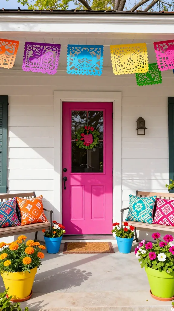 A vibrant and festive front porch radiating pure happiness under the bright spring sunshine. The focal point is a bold fuchsia front door, open just slightly to reveal a welcoming interior. Colorful papel picado banners are strung artfully across the entire width of the porch ceiling, creating a joyful canopy. On either side of the door, several terracotta pots are painted in bright, contrasting colors like sunny yellow, electric blue, and lime green, overflowing with lush, vibrant spring flowers such as marigolds, petunias, and geraniums. A comfortable outdoor bench or a pair of chairs features an array of patterned outdoor pillows with a mix of geometric and floral designs in equally bright hues of orange, teal, and magenta. The overall scene is lively, welcoming, and screams celebration, captured in a high-quality, realistic photograph with sharp details and natural, warm lighting. No text.