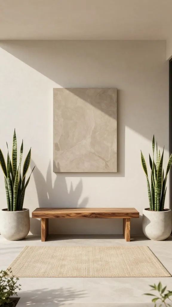 A high-quality, realistic photo of a minimalist Zen front porch on a bright spring day. The serene and uncluttered space features a sleek, dark-stained wooden bench centered against a clean, neutral-toned wall. On either side of the bench, large, simple concrete planters hold tall, architectural snake plants, adding a touch of natural elegance. Above the bench, a single, striking abstract outdoor art piece in muted, earthy tones provides a subtle focal point. A neutral-toned, subtly textured outdoor rug lies beneath the bench, grounding the inviting entrance. The porch is bathed in soft, warm spring sunshine, casting gentle shadows and highlighting the tranquil, orderly aesthetic. No text.