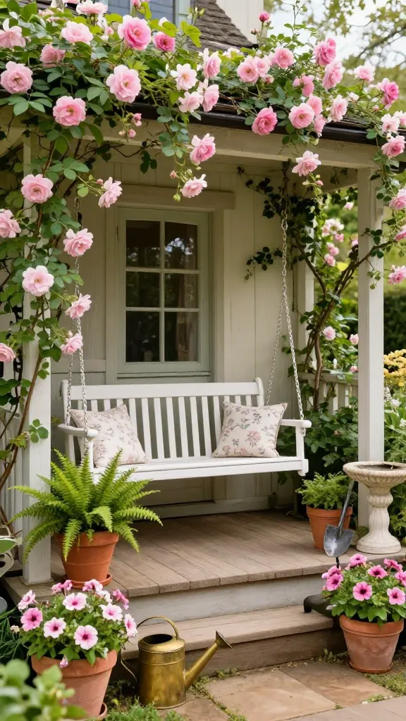 A high-quality, realistic photo of a charming cottage front porch in spring, designed with English garden whimsy. Lush trailing ivy and delicate climbing pink roses frame the rustic wooden door. On the porch, a vintage white painted swing bench is adorned with small, delicate floral patterned cushions. Potted ferns and overflowing petunias in terracotta pots line the steps and floor. A distressed brass watering can and antique garden trowel are artfully arranged as decor beside a small, ornate bird bath. Soft, warm spring sunlight illuminates the scene, creating a romantic, storybook-like atmosphere with a slightly shallow depth of field.