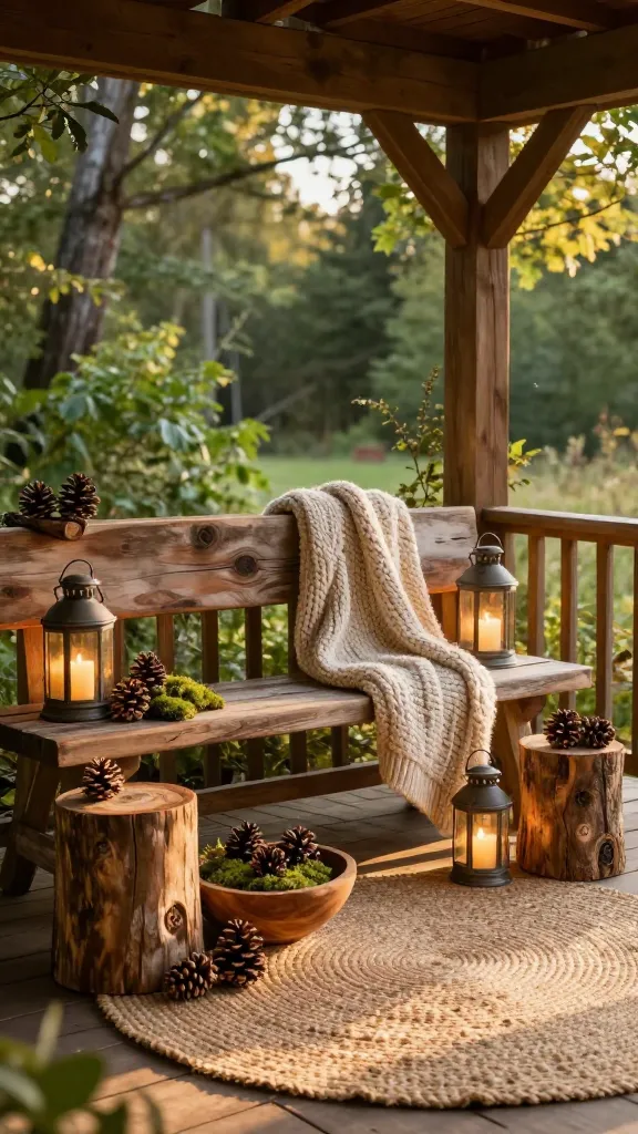 A high-quality, realistic photograph of a 'Rustic Woodland Retreat' front porch, bathed in warm, inviting golden hour sunlight. The porch features a rugged, distressed wooden bench with a chunky knit throw draped over it, flanked by two sturdy log stools. Several vintage-inspired lanterns with warm, flickering LED candles are artfully arranged on and around the seating, casting a soft glow. Abundant natural decorations, including clusters of pinecones, vibrant green moss, and smooth wood slices, are thoughtfully placed in a rustic wooden bowl and scattered decoratively on the log stools and porch floor. A large, round jute rug with a prominent, natural texture anchors the space. Lush, green foliage and the soft blur of a peaceful forest are visible in the background, enhancing the cabin-like, organic feel. The scene exudes a cozy, grounding, and welcoming 'Hello Sunshine' ambiance, perfect for nature lovers. No text.