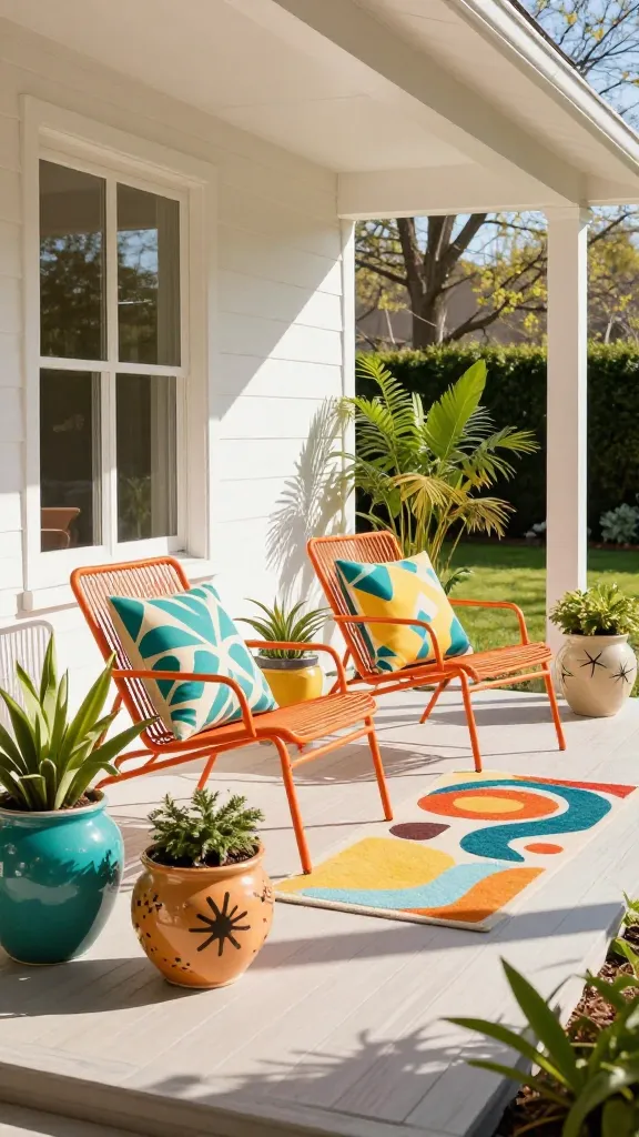 A vibrant, sun-drenched front porch designed in a Mid-Century Mod Pop style. The scene features two sleek, low-slung orange metal lounge chairs, each adorned with geometric patterned outdoor pillows in teal and yellow. Several glazed ceramic planters, showcasing iconic mid-century shapes like bullet planters and atomic starburst patterns, hold lush green plants and are strategically placed around the seating area. A vibrant, abstract welcome mat with bold shapes and colors is laid out at the entrance. The porch itself has clean architectural lines, a light-colored wood floor, and is bathed in bright spring sunshine, casting crisp shadows that emphasize the modern aesthetic. The background shows a hint of a neatly kept spring garden. High-quality, realistic photograph, natural lighting, sharp focus, no text.