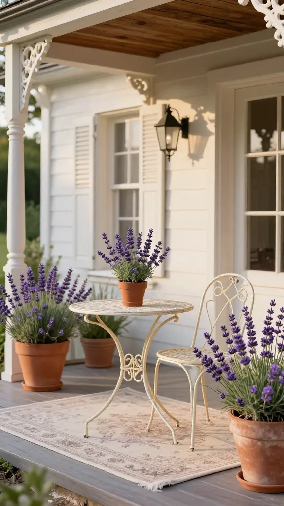 A charming front porch designed in French Country Elegance, bathed in warm, soft morning light. A delicate wrought iron bistro set with a distressed cream finish is positioned invitingly on a subtle, light-colored toile pattern outdoor rug. Aged terracotta pots brimming with vibrant, fragrant lavender plants are strategically placed around the set, their purple blooms contrasting gently with the distressed white or cream architectural elements of the porch. Natural textures are evident in the porch flooring and possibly a rustic wooden ceiling. Antique-inspired details, such as a vintage lantern or delicate scrollwork accent, are subtly integrated. The scene evokes a refined, welcoming, and romantic atmosphere. Realistic, high-quality photograph, no text.
