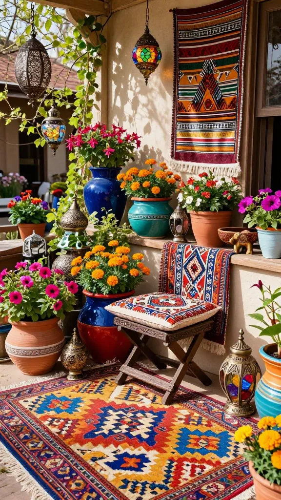 A vibrant, sun-drenched spring front porch, styled as an eclectic global bazaar. The floor is adorned with a rich tapestry of layered rugs: a large, colorful Moroccan geometric rug serving as the base, topped by a smaller, intricately patterned Kilim rug. A small, dark wood folding stool with detailed, tribal carvings sits invitingly on the rugs, perhaps with a soft, embroidered cushion. Surrounding the seating are numerous mismatched, colorful ceramic and terracotta planters of varying sizes, overflowing with lush spring blooms like fuchsia petunias, trailing ivy, and vibrant marigolds. Several decorative lanterns, some with intricate metalwork (Moroccan) and others with colored glass (Turkish), cast soft light. Richly patterned textiles, such as an Indian block-print throw draped over the stool and a West African mudcloth hanging on the wall, add depth. Small, unique global artifacts like a carved wooden bowl or a brass elephant figurine are subtly placed. The scene is bathed in bright, warm spring sunshine, emphasizing the mix of textures, patterns, and a well-traveled, wanderlust aesthetic. High-resolution, realistic photograph, no text.