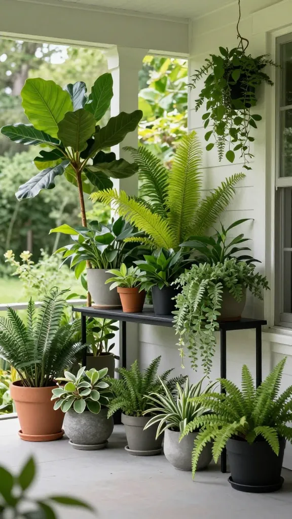 A high-quality, realistic photograph of a sophisticated spring front porch, bathed in soft, natural morning light. The scene is dedicated to a monochromatic greenery theme, featuring an abundant and artfully arranged collection of diverse green plants. These plants display a wide spectrum of green shades—from deep forest to vibrant lime, sage, and olive—with varied leaf shapes, sizes, and textures, including large-leafed varieties, delicate ferns, and elegant trailing plants. All plants are housed in simple, neutral-colored pots of classic terracotta, smooth grey stone, and sleek matte black, varying in size to create visual interest. A minimalist black metal console table centrally displays several smaller potted plants, complementing the lush arrangements on the porch floor. No flowers are present, emphasizing pure, unadulterated green bliss and the beauty of natural forms. The porch itself has clean, light-colored flooring, with a subtle hint of a natural, verdant garden in the background.