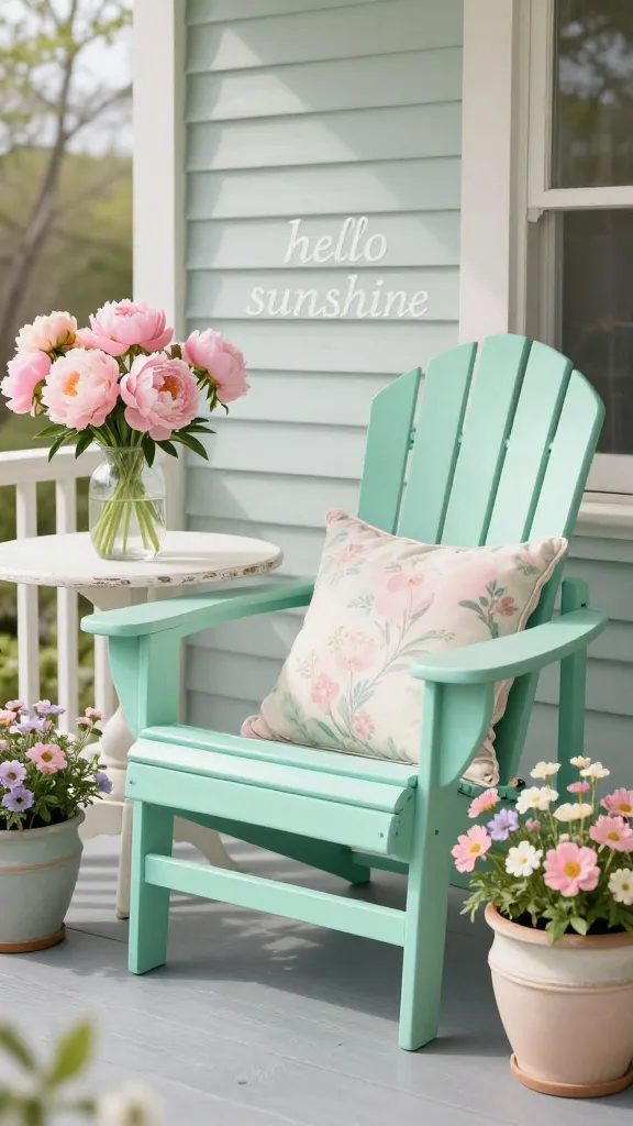 A high-quality, realistic photograph capturing a charming and inviting front porch, bathed in the soft glow of natural spring light. The scene showcases a delicate pastel color palette, primarily featuring mint green and blush pink. A beautifully painted mint green wooden Adirondack chair is positioned on the porch, adorned with two plush decorative pillows featuring subtle, soft floral patterns in coordinating pastel pinks, creams, and light blues. To the side, a small, round distressed white wooden table holds a clear glass vase filled with a fresh, vibrant bouquet of blush pink peonies. Several muted-toned ceramic planters with a slight distressed finish are artfully arranged around the chair, overflowing with small, delicate pastel spring flowers. The overall ambiance is light, airy, sweet, and utterly delightful, creating a perfect "hello sunshine" spring entrance. The background subtly shows a glimpse of a classic, light-colored house facade. No text.