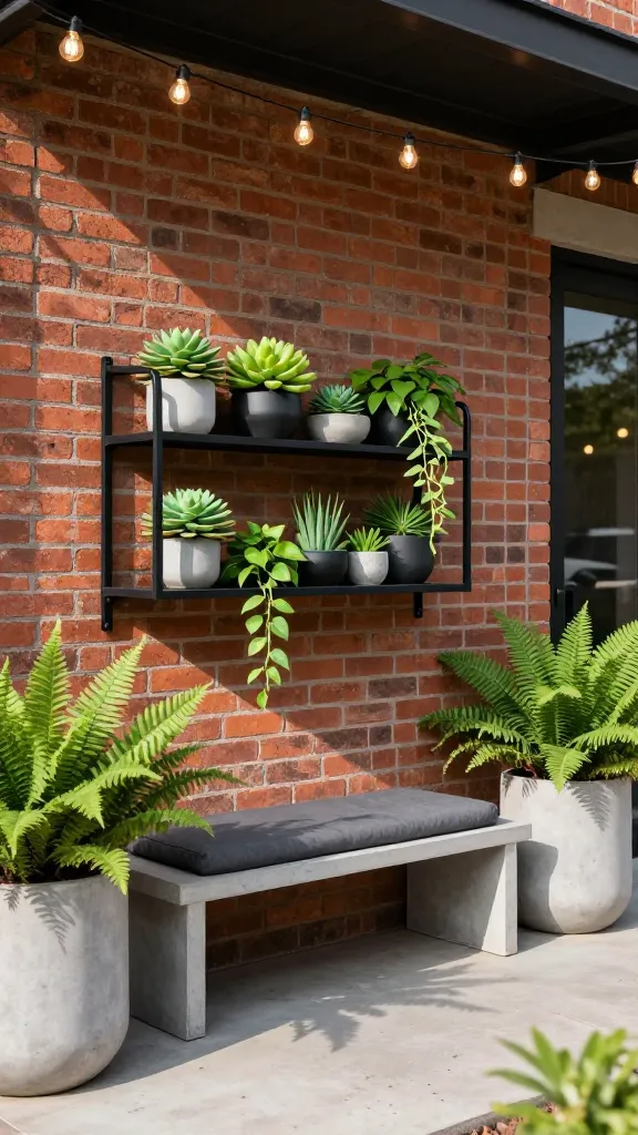 A high-quality, realistic photo of an industrial chic front porch bathed in warm spring sunshine. The backdrop features an exposed red brick wall, providing a raw, urban texture. A sleek, low concrete bench with clean lines is positioned against the wall, topped with a simple, charcoal-grey cushion. To one side, a black metal shelving unit displays an artful arrangement of vibrant green succulents and trailing Pothos plants in minimalist concrete and black ceramic pots. Large, cylindrical concrete planters flank the porch entrance, housing lush, architectural ferns. Above, delicate Edison bulb string lights are gracefully draped across the porch ceiling, creating a warm and inviting ambiance. The overall aesthetic is modern, functional, and surprisingly inviting, with natural light highlighting the textures of concrete, metal, and brick. No text.