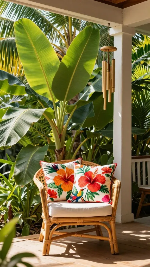A vibrant and inviting front porch, bathed in warm spring sunlight, meticulously styled as a tropical getaway. Lush, oversized banana leaf plants and tall palm fronds create a verdant backdrop, framing a comfortable, natural rattan armchair. The chair is adorned with two plush throw pillows featuring vivid hibiscus and bird-of-paradise patterns in bright reds, oranges, and pinks. A set of delicate bamboo wind chimes hangs subtly to one side, catching the light. The porch floor is natural wood, and the overall scene exudes a serene, permanent island vacation atmosphere with abundant vibrant greens and natural materials. High-quality, realistic photo, no text.