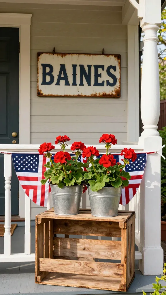 A high-quality, realistic photograph capturing a charming and welcoming front porch styled in Vintage Americana. The porch features an antique wooden crate repurposed as a planter stand, holding simple metal buckets brimming with vibrant red geraniums. Subtle American flag bunting is draped along the railing, and a distressed metal sign with a classic, wholesome design (no visible text) hangs on the wall. The scene is bathed in warm spring sunshine, emphasizing the rustic charm and timeless red, white, and blue accents, creating a nostalgic and patriotic atmosphere. No text on image.