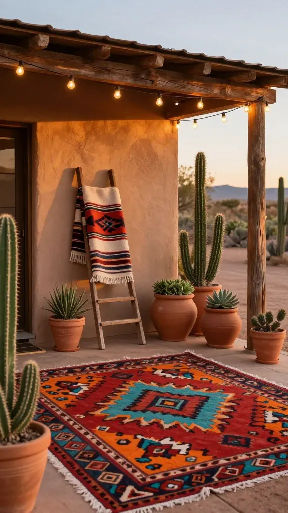 A high-quality, realistic photograph of a welcoming front porch, meticulously styled with a "Southwestern Sunset" theme. The scene is bathed in the warm, golden light of late afternoon, transitioning to a cozy glow from warm-toned outdoor string lights strung overhead. The porch floor is anchored by a vibrant, intricately patterned Navajo-inspired rug in rich tones of terracotta, burnt orange, deep red, and turquoise. Groupings of various-sized terracotta pots overflow with a diverse collection of cacti and succulents. A rustic small wooden ladder leans against the porch wall, elegantly displaying a woven blanket with geometric patterns and a small potted plant. Natural materials like weathered wood and woven textures are prominent, contributing to the rugged beauty and rustic charm. The overall aesthetic is one of an adventurous, yet deeply inviting, grounding palette, evoking the serene and vibrant spirit of the desert landscape.