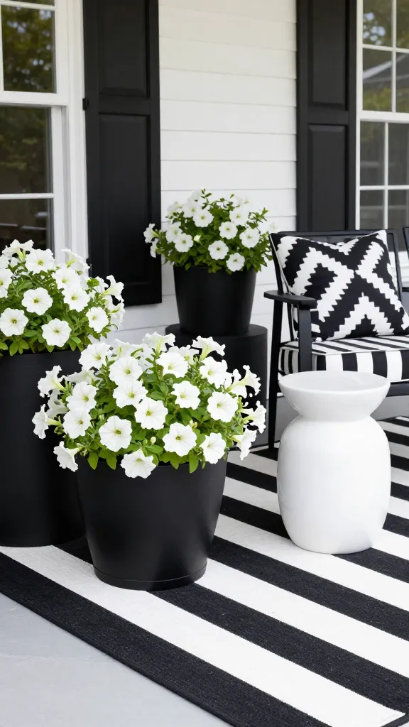 A high-quality, realistic photo of a modern and sophisticated front porch on a bright, sunny day, showcasing a dramatic black and white high-contrast graphic design. A bold black and white striped outdoor rug covers the main area. Sleek, matte black planters are artfully arranged, overflowing with crisp, vibrant white petunias and impatiens. A comfortable outdoor chair features a geometric patterned throw pillow in black and white. A minimalist white ceramic stool stands nearby, serving as a chic plant stand. The overall aesthetic is clean, impactful, and contemporary, with a confident and elegant flair.