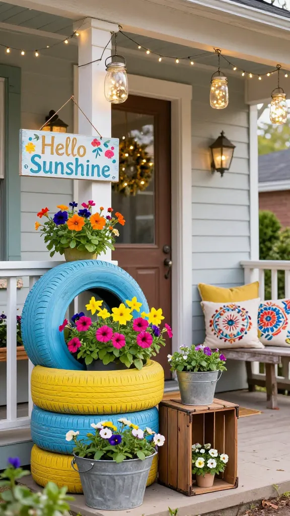A vibrant and charmingly imperfect spring front porch, bathed in warm 'Hello Sunshine' natural light, showcasing a unique DIY aesthetic. The scene features a welcoming front door, partially visible, flanked by an array of handmade touches and repurposed treasures. Brightly painted old tires, in cheerful spring colors like sky blue and daffodil yellow, are creatively stacked and overflowing with a riot of colorful petunias and pansies, serving as planters. A whimsical, hand-painted wooden welcome sign with playful lettering and floral accents hangs near the door. Quirky flea market finds, such as a vintage galvanized bucket repurposed as a planter for herbs and an antique wooden crate used as a small side table, are artfully arranged. Several mason jar lanterns, each containing warm, delicate fairy lights, are strung along the porch railing or hanging from the ceiling, adding a magical glow. Handmade decorative pillows with unique, embroidered designs rest on a rustic wooden bench. The overall impression is one of personal artistic spirit, full of heart and charming imperfections, captured in a high-resolution, realistic photograph with a shallow depth of field, no text.