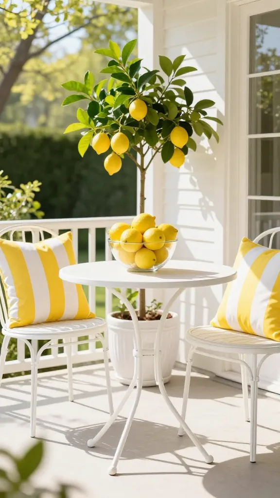 A high-quality, realistic photograph of a vibrant and inviting spring front porch bathed in bright, cheerful morning sunlight. A pair of crisp white metal bistro chairs are positioned, each adorned with plush yellow and white striped outdoor pillows. Between the chairs, a small, round white patio table holds a clear glass bowl overflowing with fresh, glossy lemons, serving as a radiant centerpiece. To one side, a small, healthy lemon tree in a textured white decorative pot adds a touch of natural green. The porch floor is light-colored, and the background features subtle hints of lush green spring foliage, enhancing the utterly refreshing feel. The overall aesthetic is pure happiness and a burst of sunshine, emphasizing sunny yellows, crisp whites, and natural greens. Eye-level shot, no text.