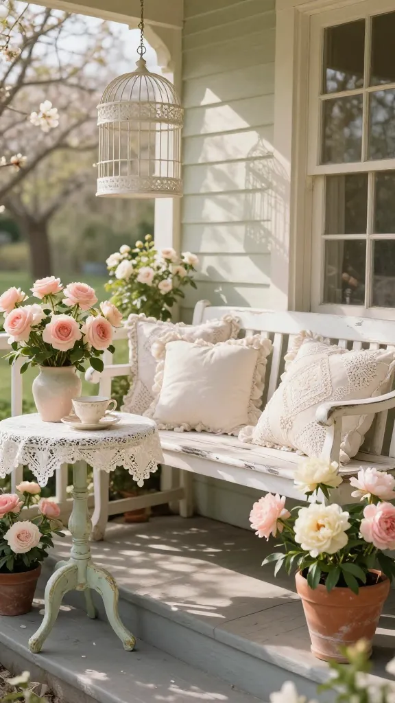 A breathtakingly beautiful, shabby chic front porch bathed in warm, soft spring sunlight. The centerpiece is a distressed white wooden bench with gently peeling paint, adorned with plush pillows featuring intricate lace and crochet details. Adjacent to the bench, a small, round distressed pastel-painted side table holds a delicate lace tablecloth and a vintage ceramic teacup. Potted blush pink roses and creamy white peonies in aged terracotta pots are artfully arranged around the bench and on the steps, their delicate petals catching the light. A charming antique white birdcage hangs gently from the porch ceiling, casting a subtle shadow. The overall atmosphere is ethereal, dreamy, and wonderfully nostalgic, with a focus on delicate textures, soft pastel colors, and vintage elegance. High-resolution, professional photograph, natural light, shallow depth of field, no text.
