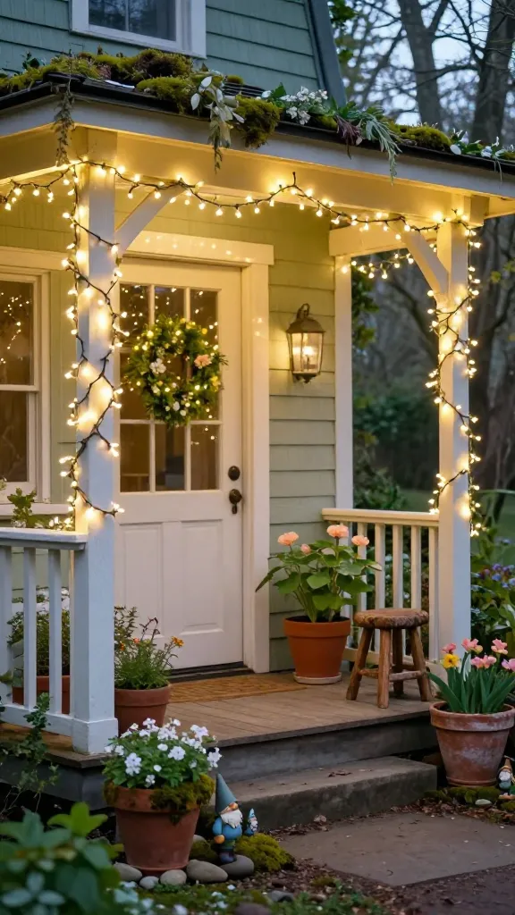 A high-quality, realistic photograph of a magical and whimsical **Spring front porch** at twilight. Abundant warm white twinkle lights are intricately draped around the main doorframe and along the porch railing, casting a soft, ethereal glow. The porch is adorned with natural elements, featuring several moss-covered terracotta pots holding delicate early spring flowers and lush greenery. Miniature fairy figurines and tiny garden gnomes are subtly nestled among decorative river stones and the potted plants, adding to the enchanting atmosphere. A small, weathered rustic wooden stool sits beside the doorway, topped with a single, elegant potted plant featuring vibrant green leaves and a soft, pastel-colored bloom. The overall ambiance evokes a sense of wonder and feels like stepping into a hidden, magical forest clearing, with soft, diffused light highlighting the natural textures and the gentle sparkle of the lights. No text.