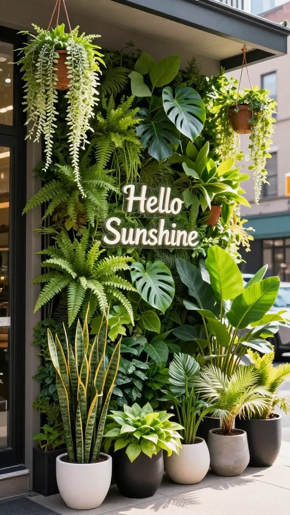 A vibrant, lush urban front porch in spring, transformed into an "Urban Jungle Escape." A prominent vertical garden system densely covers a bare wall with an array of diverse green plants like ferns, philodendrons, and monsteras. Numerous potted plants of varying heights and sizes, including snake plants, ZZ plants, and small palms, are artfully arranged on the porch floor and on sleek, modern black, white, and concrete planters. Overhead, several hanging baskets overflow with long, trailing plants such as pothos and string of pearls. Bright, warm natural sunlight streams onto the porch, creating a "Hello Sunshine" glow and highlighting the fresh, vibrant greenery. The background subtly suggests a city environment, emphasizing this compact space as a refreshing green retreat amidst urban architecture. High-quality, realistic photograph.