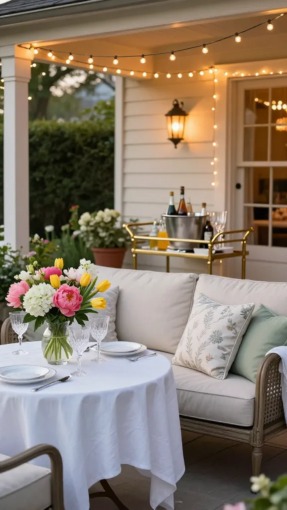 A high-quality, realistic photo of a beautifully styled spring front porch at golden hour, set for an elegant garden party. A plush, comfortable outdoor sofa in a light neutral fabric, adorned with decorative throw pillows, is positioned invitingly. Beside it, a small round bistro table with a delicate white tablecloth is set for two with fine china, crystal glasses, and polished silverware. A clear glass vase overflows with vibrant, fresh-cut spring flowers like pink peonies, white hydrangeas, and yellow tulips as the centerpiece. Soft, warm string lights are artfully draped across the porch ceiling, casting a gentle, ambient glow. To one side, a chic brass bar cart is neatly arranged with an ice bucket, elegant glassware, and bottles of refreshing beverages. Potted greenery and subtle spring decorations enhance the festive, sophisticated atmosphere, making the porch feel like an inviting extension of a living space. The lighting is soft and warm, highlighting textures and colors.