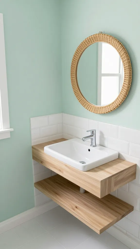 A high-angle, realistic, high-quality photograph of a small, budget-friendly bathroom designed with a modern coastal calm. Soft seafoam green walls create a serene backdrop, complemented by crisp white fixtures. A sleek light wood floating vanity maximizes floor space, positioned beneath a large, round wicker mirror that adds organic warmth and texture. Simple white subway tiles are stacked vertically from the floor up, creating a sense of height and contemporary elegance. Natural textures are subtly integrated throughout, contributing to a tranquil, designer-made aesthetic. Soft, diffused natural light illuminates the space, emphasizing its clean lines and airy atmosphere.