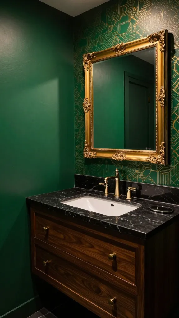 A high-quality, realistic photograph capturing an eye-level, slightly angled view into a small, moody maximalist jewel box bathroom. The walls are painted a deep, saturated emerald green, with a subtle metallic gold geometric patterned wallpaper on the accent wall behind the vanity. A dark stained wood floating vanity with polished brass drawer pulls supports a black marble countertop and a sleek white rectangular basin sink. Above, a large, ornate gold-framed mirror reflects the rich surroundings, adding opulence. The space is dimly but warmly lit, emphasizing the luxurious, dramatic atmosphere and layered textures.