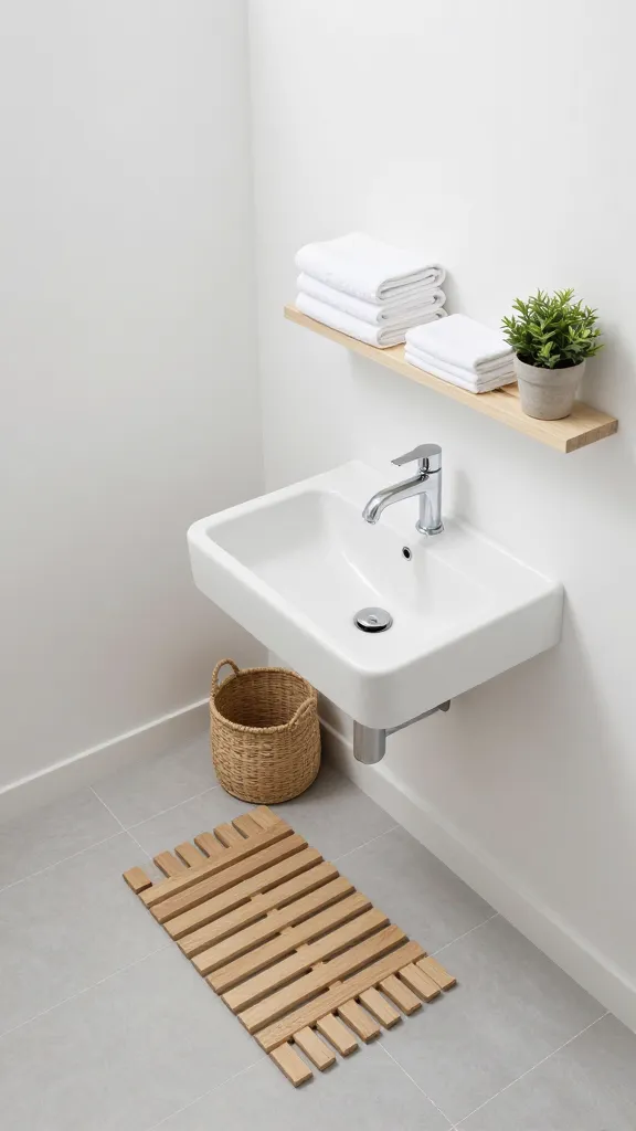 A high-angle, wide shot of a small, minimalist Scandinavian-inspired bathroom. Crisp white walls and light grey floor tiles create a bright, airy feel. A sleek, wall-mounted white ceramic sink with a modern chrome faucet is positioned prominently. Above it, a simple, light wood floating shelf holds neatly folded soft white cotton towels and a small potted green plant. On the floor, a slatted light wood bath mat rests beside the sink, with a small, natural woven basket tucked underneath. The space emphasizes clean lines, natural materials, and a calming, muted palette, bathed in soft, natural light, conveying a sense of hygge and tranquility. High-resolution, realistic photo, no text.