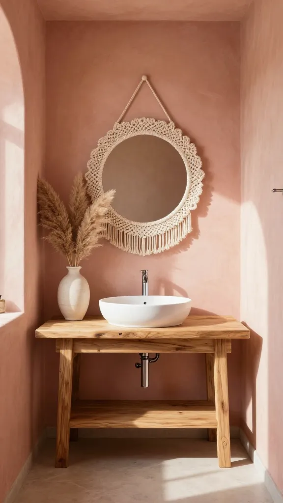 A sun-drenched, high-quality realistic photograph of a small bohemian chic desert oasis bathroom. The walls are painted in a warm terracotta pink with soft sandy beige undertones, creating an inviting glow. A rustic, light-toned wooden vanity with a simple white ceramic basin is centered in the frame. Above the vanity hangs a round mirror with an elaborate, cream-colored woven macrame frame. On the vanity, a tall, textured off-white ceramic vase holds several fluffy dried pampas grass stems. The flooring is light-colored concrete, adding to the earthy, natural textures. The overall atmosphere is relaxed, artistic, and evokes a serene, sun-drenched retreat. No text.