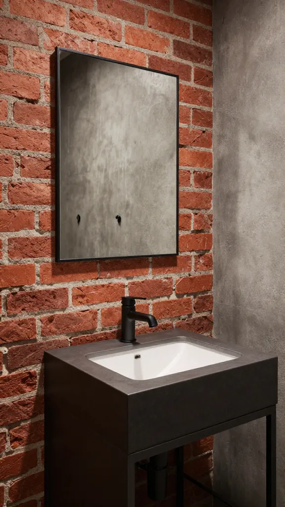 A high-quality, realistic photo capturing a small, industrial-style bathroom from a slightly low, eye-level angle. The main wall features a textured, rugged exposed red brick, while an adjacent wall boasts a smooth, cool-toned concrete-effect finish. A simple, slim black metal-framed mirror hangs above a robust, dark matte metal vanity with an integrated rectangular white sink. All visible fixtures, including the sleek wall-mounted faucet and drain, are matte black, adding to the gritty charm. The lighting is soft but highlights the raw textures of the brick and concrete. The overall aesthetic is clean, edgy, and utilitarian, showcasing a designer-made feel on a budget. No text on image.