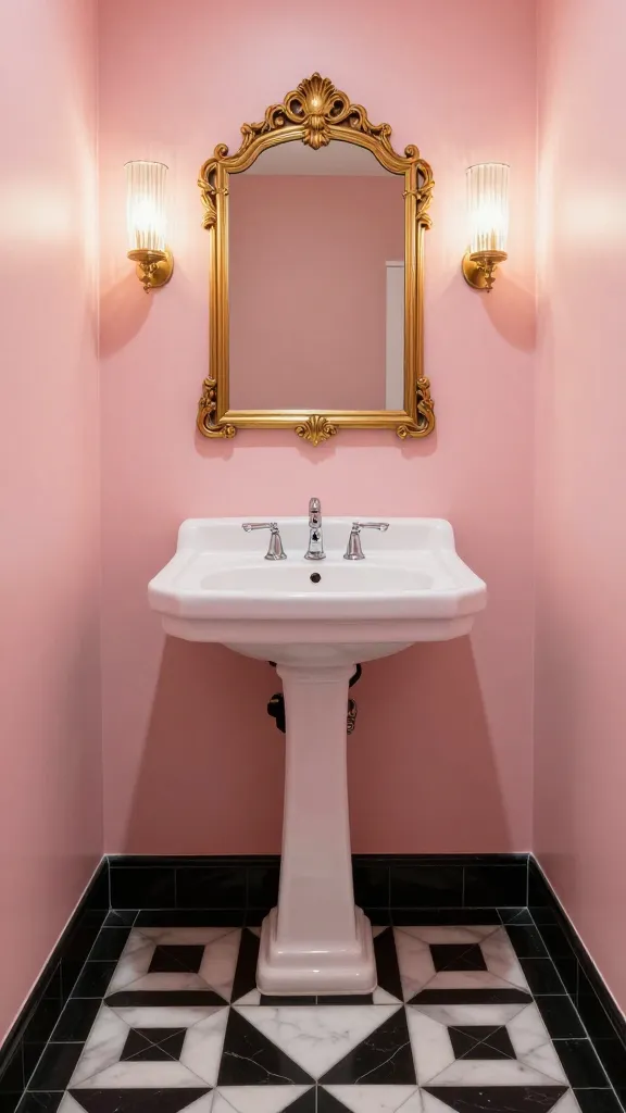 A realistic, eye-level photograph of a small Art Deco bathroom, exuding sophisticated Roaring Twenties glamour. The floor is covered in a striking black and white geometric tile pattern. The walls are painted a soft blush pink, creating a luxurious backdrop. A sleek white pedestal sink stands prominently, surmounted by a magnificent, ornate gold-framed mirror. Fluted glass sconces are elegantly mounted on either side of the mirror, casting a warm, inviting light. The scene is captured with impeccable detail and natural light, showcasing the bold patterns and elegant finishes.