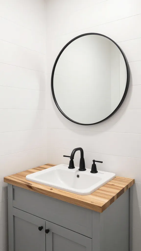 A high-quality, realistic photo of a small, "Farmhouse Fresh & Modern" bathroom. The walls are clad in crisp white shiplap, providing texture and a bright, clean backdrop. A sturdy, authentic-looking wood-plank vanity is painted a soft, muted gray, featuring a simple white basin sink. Above the vanity, a large round mirror with a very thin, sleek black frame adds a modern touch. All visible fixtures, including the faucet and any small hardware, are in a contemporary black matte finish. The lighting is soft and inviting, highlighting the clean lines and textures. The overall scene feels chic, uncluttered, and utterly inviting, showcasing smart design for a compact space. No text on image.