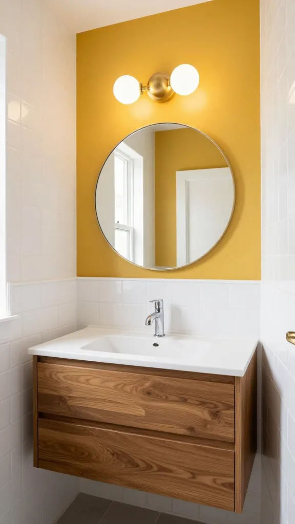 A high-resolution, professional, slightly angled photo capturing the stylish interior of a small Mid-Century Modern Pop bathroom. The centerpiece is a sleek, floating teak wood vanity with a pristine white countertop and integrated sink. The walls are predominantly clad in crisp white subway tiles, extending up to a cheerful mustard yellow accent wall that defines the space above the vanity. A large, frameless circular mirror hangs prominently above the sink, reflecting soft natural light. Directly above the mirror, a sophisticated Sputnik-style light fixture with brushed brass arms and frosted globe bulbs provides ambient illumination. The design embodies clean lines, organic shapes, and a playful yet refined aesthetic, with bright, inviting lighting. No text on image.