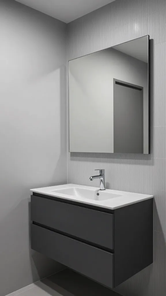 A realistic, high-quality photo of a small, modern bathroom designed with a sophisticated monochromatic soft gray palette. The walls are painted a light silver-gray, creating a serene backdrop for a sleek, dark charcoal floating vanity topped with a seamless light gray countertop. Above the vanity, a large, frameless rectangular mirror extends almost to the ceiling, enhancing the feeling of space. A subtle ribbed light gray tile adds dynamic texture to an accent wall, while polished chrome fixtures provide a crisp, subtle contrast. The overall scene exudes a clean, minimalist, and designer-made elegance. No text.