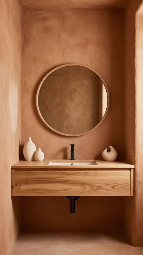 Realistic, high-resolution photo of a small, desert modern bathroom. The walls feature a warm, matte clay-colored plaster finish, evoking a rich terracotta tone. A simple, light unfinished wooden floating vanity is mounted, maintaining an open and airy feel. Centered above the vanity is a large, round mirror with a thin, natural wood frame. A couple of artisanal, cream-toned ceramic pieces are tastefully arranged on the vanity. The space is bathed in soft, warm natural light, highlighting its earthy, minimalist, and designer-made aesthetic. No text on image.